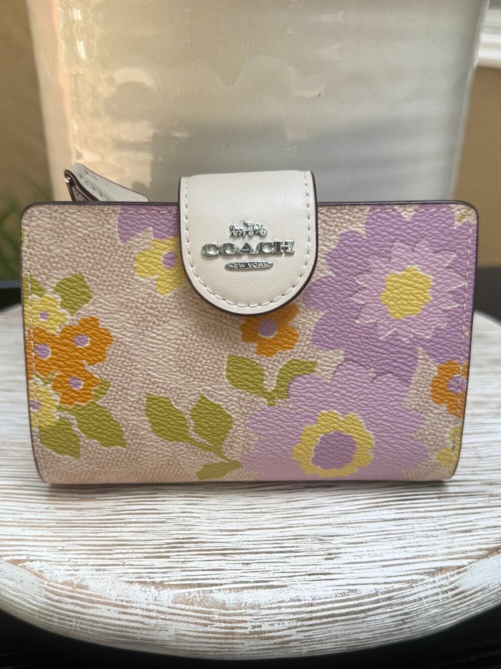 Coach Medium Corner Zip Wallet Signature Canvas Leather Floral Print Cottagecore